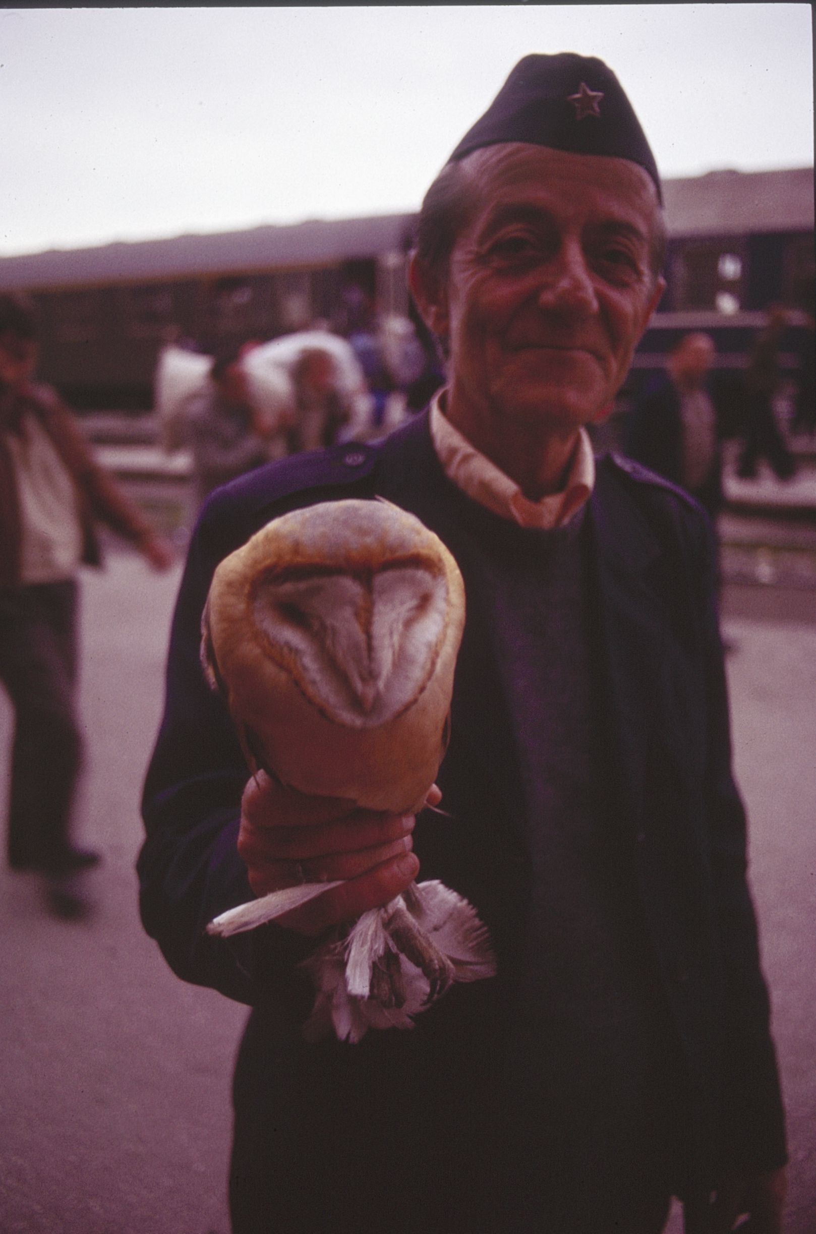 Man holding an owl in Kosavo (former Yugoslavia) in 1988