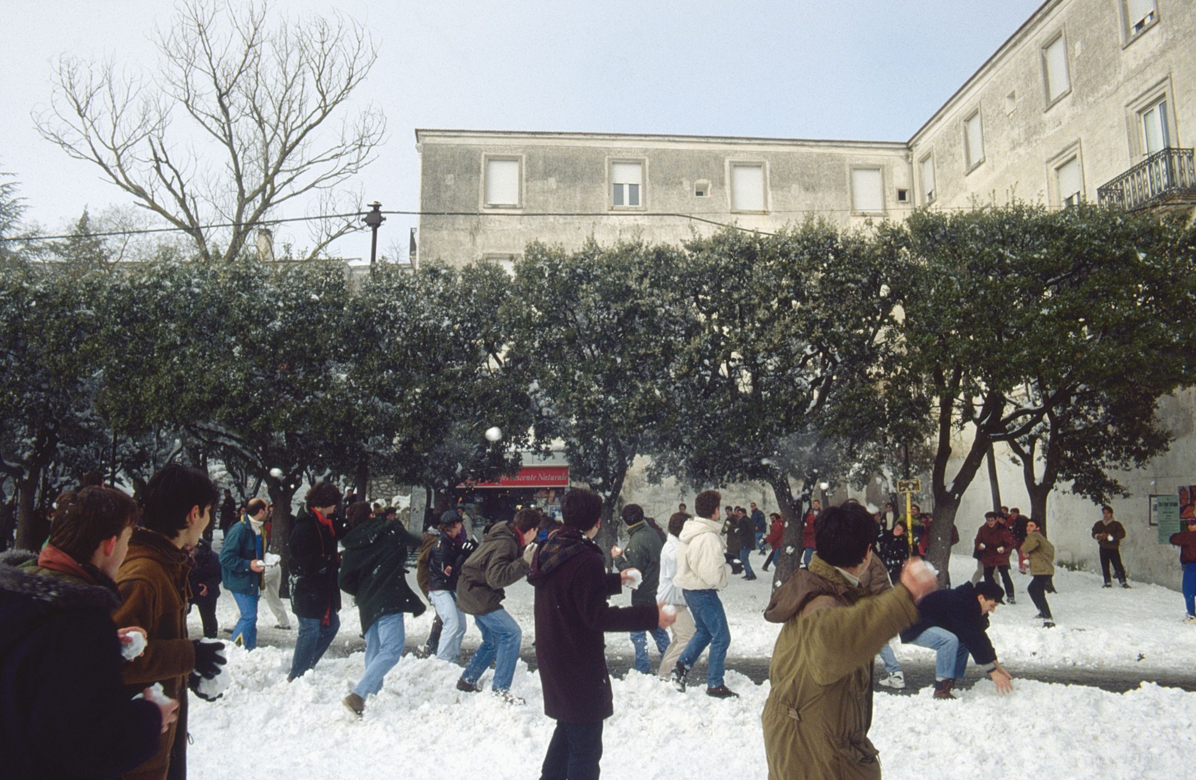 A snowball fight during a snowstorm in Monte Sant'Angelo in 1994